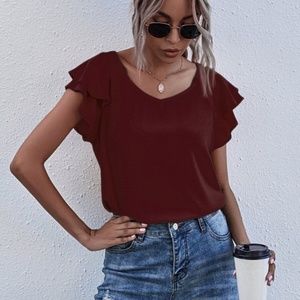 V-Neck Butterfly Sleeve Solid Blouse
